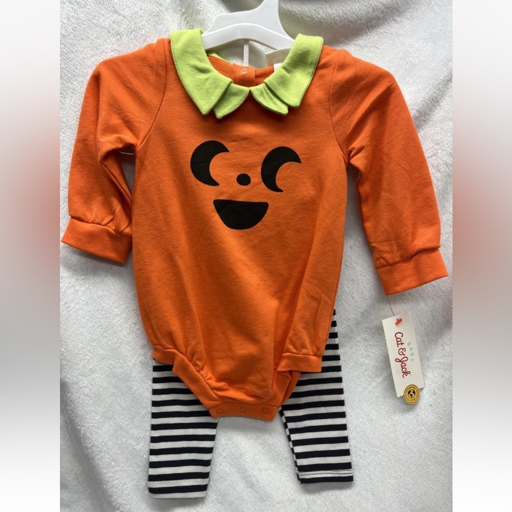 Cat & Jack Orange Pumpkin Face Onesie with Striped Leggings 18 months